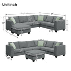 Canapé d'angle 7 places gris/noir avec pouf et 3 coussins