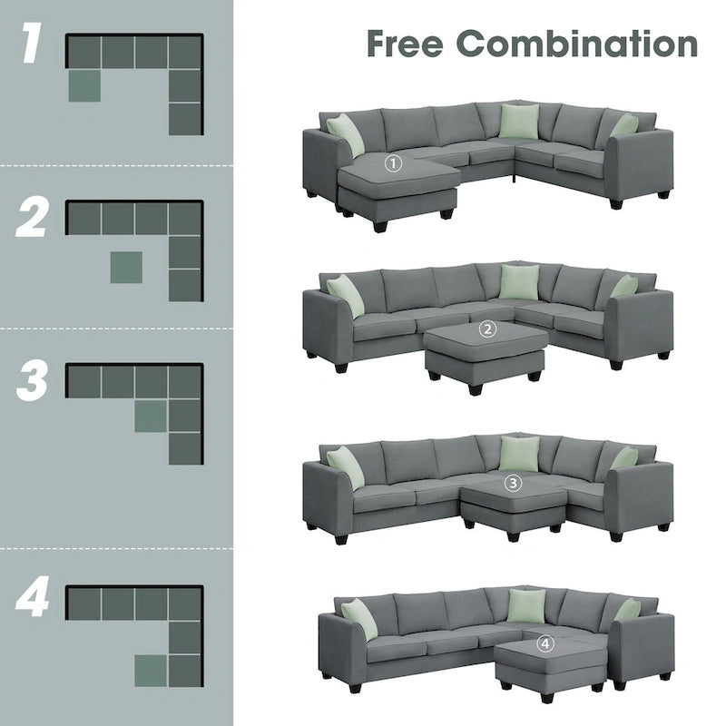 Canapé d'angle 7 places gris/noir avec pouf et 3 coussins