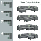 Canapé d'angle 7 places gris/noir avec pouf et 3 coussins