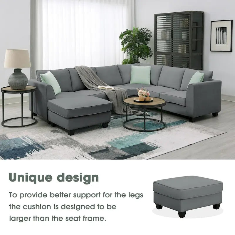 Canapé d'angle 7 places gris/noir avec pouf et 3 coussins