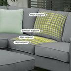 Canapé d'angle 7 places gris/noir avec pouf et 3 coussins