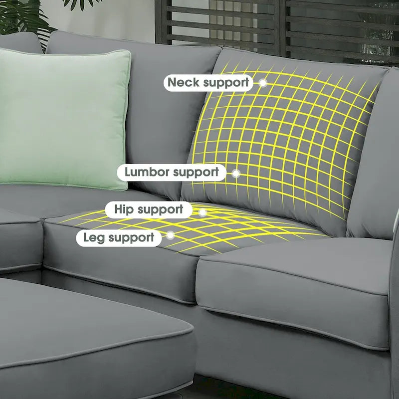 Canapé d'angle 7 places gris/noir avec pouf et 3 coussins