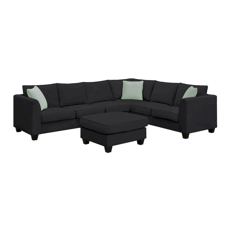 Canapé d'angle 7 places gris/noir avec pouf et 3 coussins