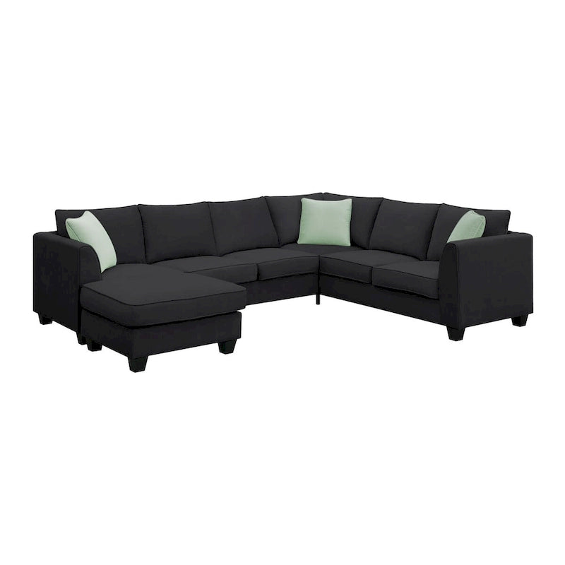 Canapé d'angle 7 places gris/noir avec pouf et 3 coussins