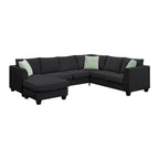 Canapé d'angle 7 places gris/noir avec pouf et 3 coussins