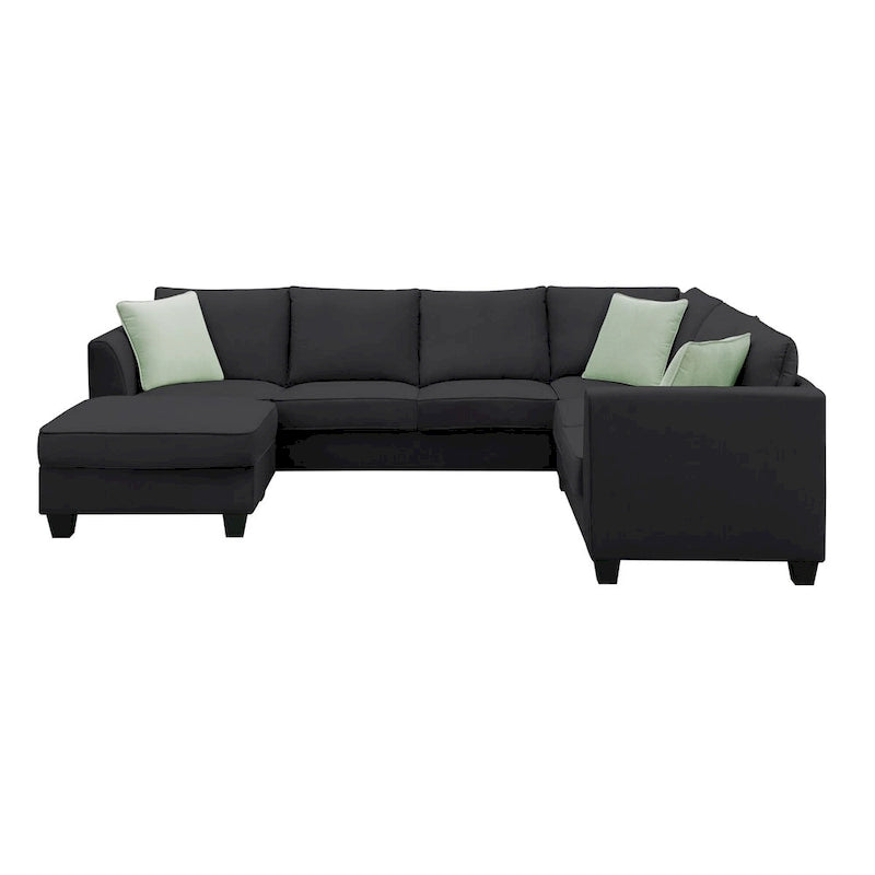 Canapé d'angle 7 places gris/noir avec pouf et 3 coussins