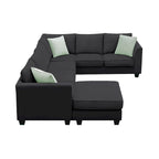 Canapé d'angle 7 places gris/noir avec pouf et 3 coussins