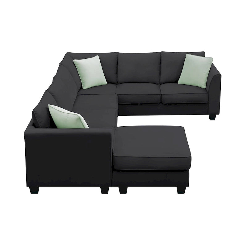 Canapé d'angle 7 places gris/noir avec pouf et 3 coussins