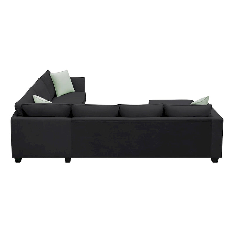 Canapé d'angle 7 places gris/noir avec pouf et 3 coussins