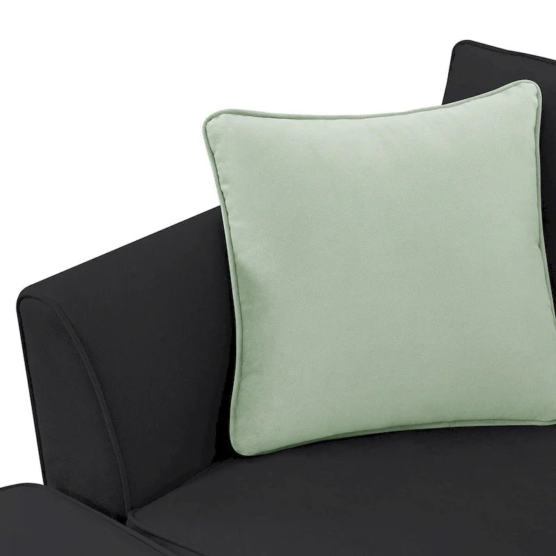 Canapé d'angle 7 places gris/noir avec pouf et 3 coussins