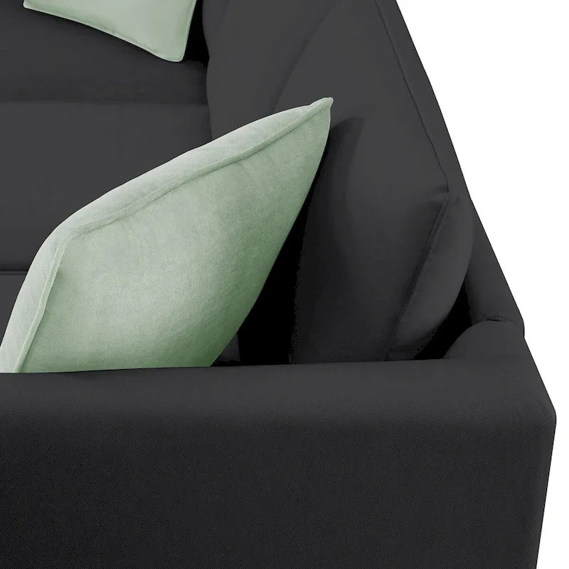 Canapé d'angle 7 places gris/noir avec pouf et 3 coussins