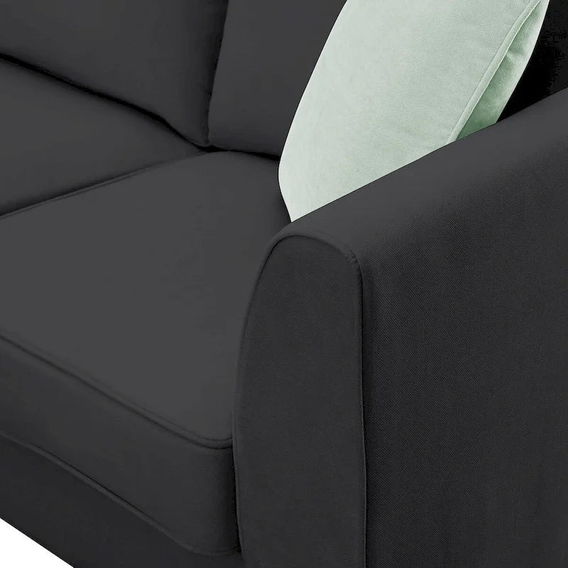 Canapé d'angle 7 places gris/noir avec pouf et 3 coussins