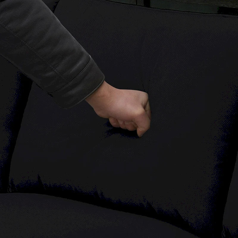 Canapé d'angle 7 places gris/noir avec pouf et 3 coussins