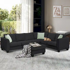Canapé d'angle 7 places gris/noir avec pouf et 3 coussins