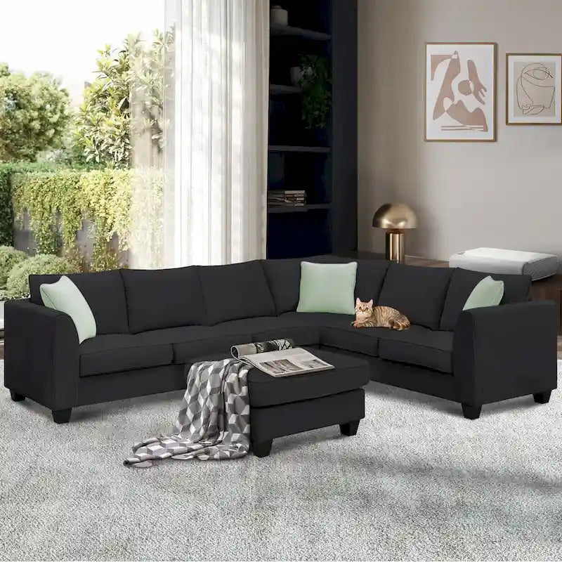 Canapé d'angle 7 places gris/noir avec pouf et 3 coussins