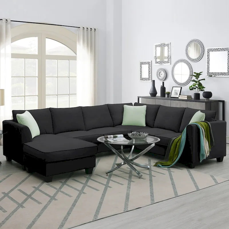 Canapé d'angle 7 places gris/noir avec pouf et 3 coussins