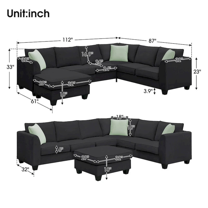 Canapé d'angle 7 places gris/noir avec pouf et 3 coussins