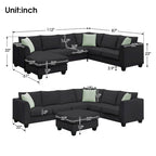 Canapé d'angle 7 places gris/noir avec pouf et 3 coussins