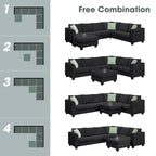 Canapé d'angle 7 places gris/noir avec pouf et 3 coussins