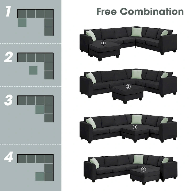 Canapé d'angle 7 places gris/noir avec pouf et 3 coussins