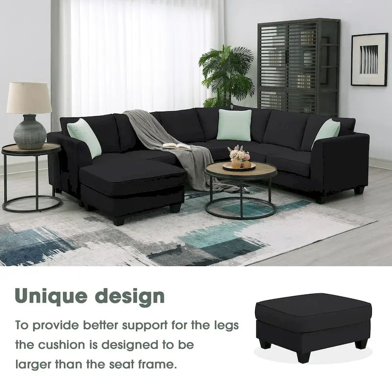 Canapé d'angle 7 places gris/noir avec pouf et 3 coussins