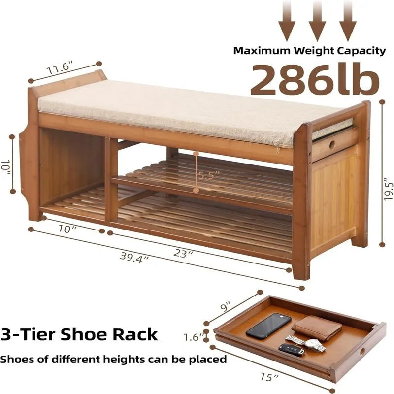 Banc à chaussures en bambou marron à 2 niveaux avec rangement, pour 2 personnes