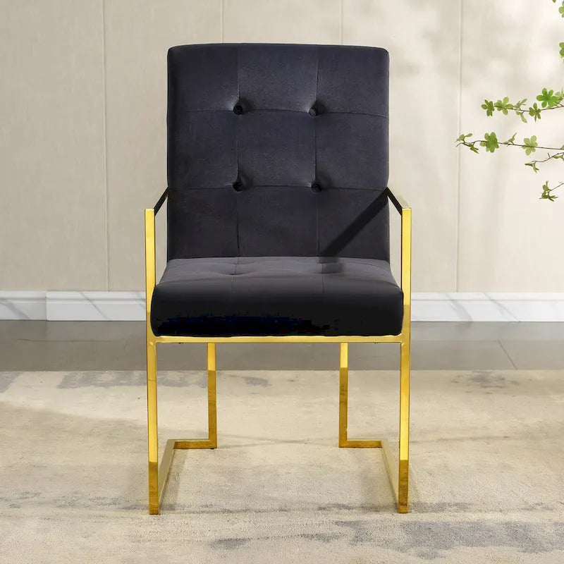Chaise de salle à manger capitonnée en velours, noire/beige/blanche, piètement luge doré, lot de 1