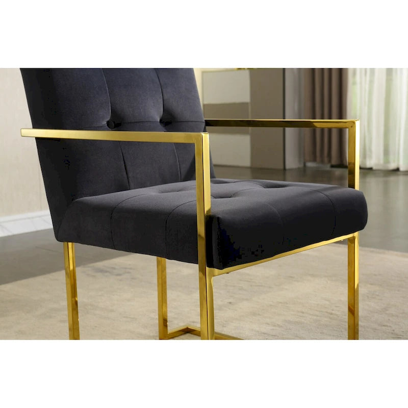 Chaise de salle à manger capitonnée en velours, noire/beige/blanche, piètement luge doré, lot de 1