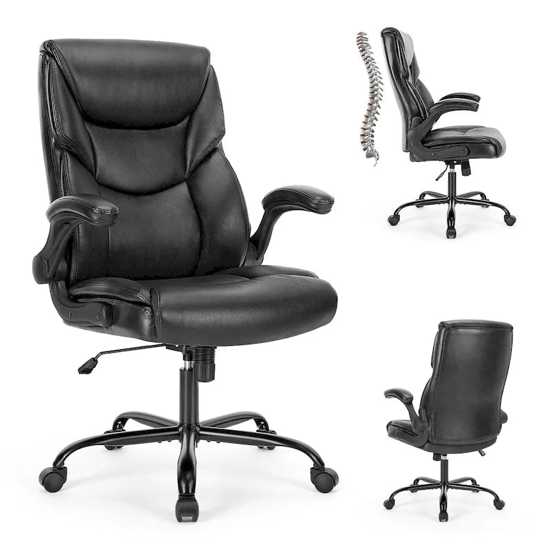 Chaise de bureau noire/marron/blanche en cuir PU à dossier haut avec accoudoirs relevables, simple