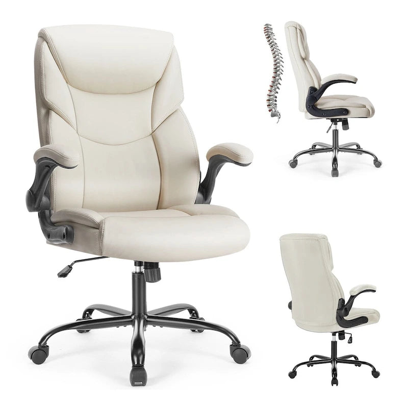 Chaise de bureau noire/marron/blanche en cuir PU à dossier haut avec accoudoirs relevables, simple