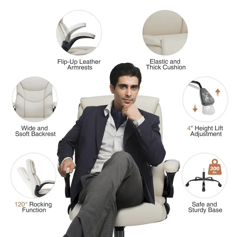 Chaise de bureau noire/marron/blanche en cuir PU à dossier haut avec accoudoirs relevables, simple