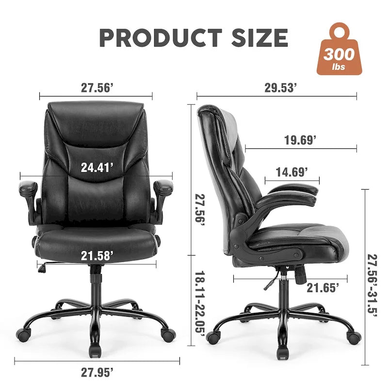 Chaise de bureau noire/marron/blanche en cuir PU à dossier haut avec accoudoirs relevables, simple