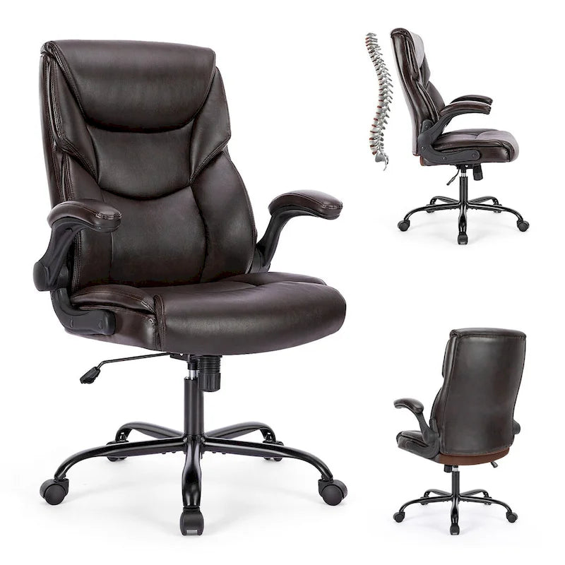 Chaise de bureau noire/marron/blanche en cuir PU à dossier haut avec accoudoirs relevables, simple