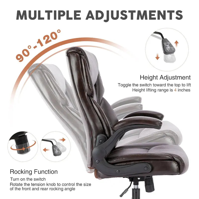 Chaise de bureau noire/marron/blanche en cuir PU à dossier haut avec accoudoirs relevables, simple