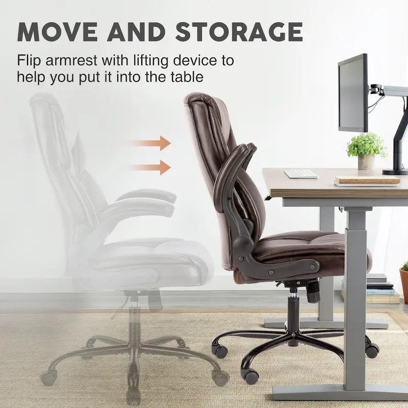 Chaise de bureau noire/marron/blanche en cuir PU à dossier haut avec accoudoirs relevables, simple