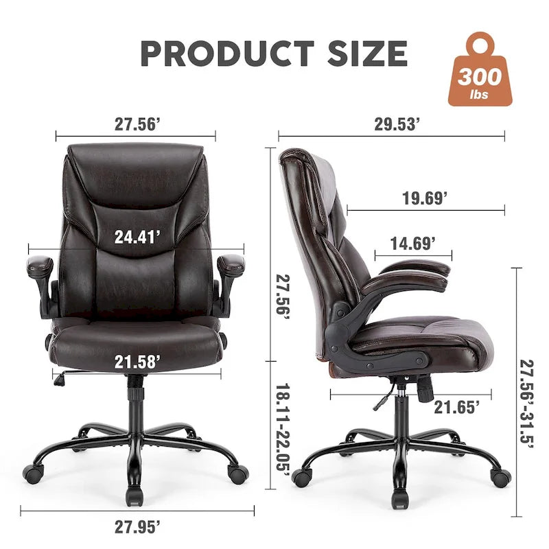 Chaise de bureau noire/marron/blanche en cuir PU à dossier haut avec accoudoirs relevables, simple