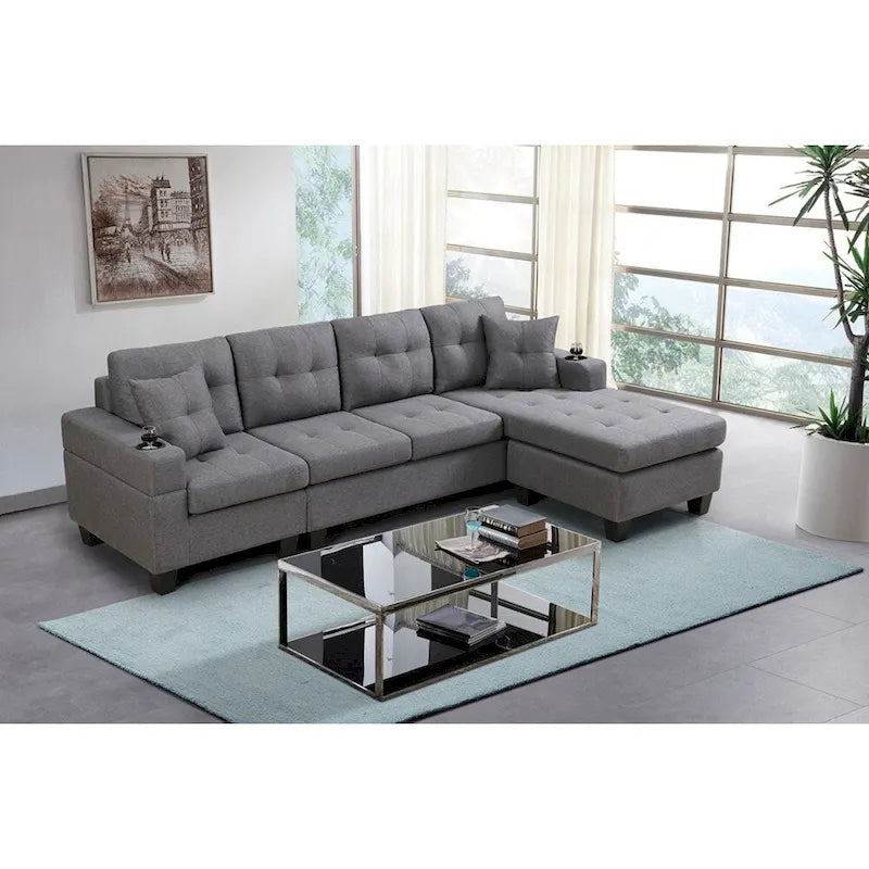 Canapé d'angle en L avec méridienne de rangement et porte-gobelet – Gris / Noir, Multi-places