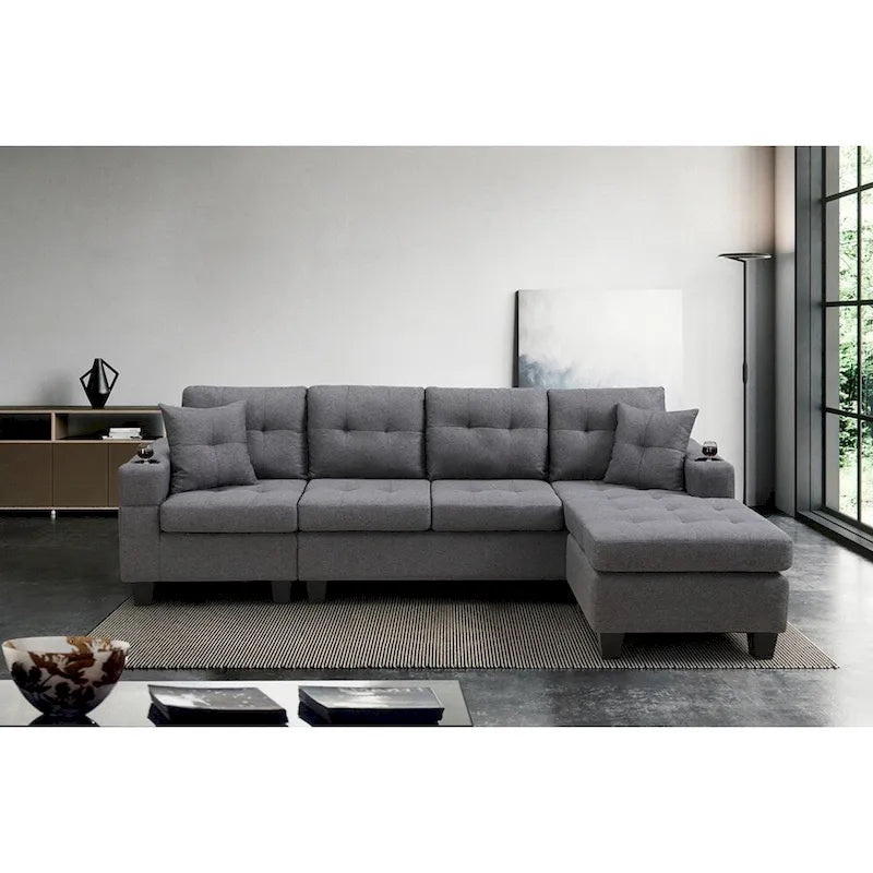 Canapé d'angle en L avec méridienne de rangement et porte-gobelet – Gris / Noir, Multi-places