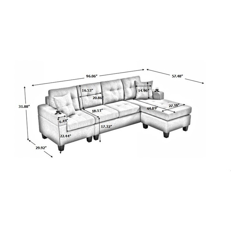 Canapé d'angle en L avec méridienne de rangement et porte-gobelet – Gris / Noir, Multi-places