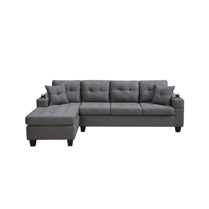 Canapé d'angle en L avec méridienne de rangement et porte-gobelet – Gris / Noir, Multi-places