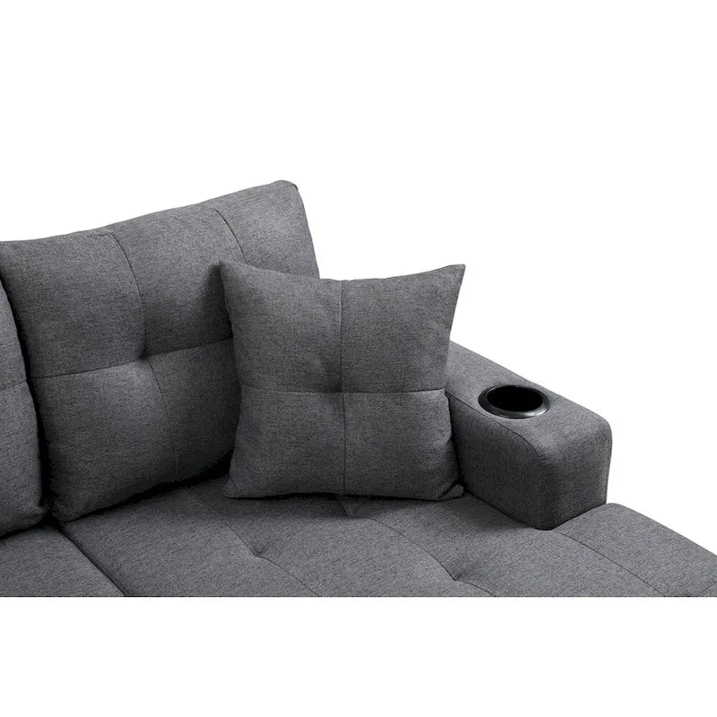 Canapé d'angle en L avec méridienne de rangement et porte-gobelet – Gris / Noir, Multi-places