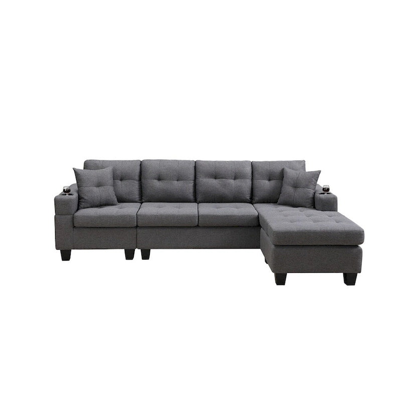 Canapé d'angle en L avec méridienne de rangement et porte-gobelet – Gris / Noir, Multi-places