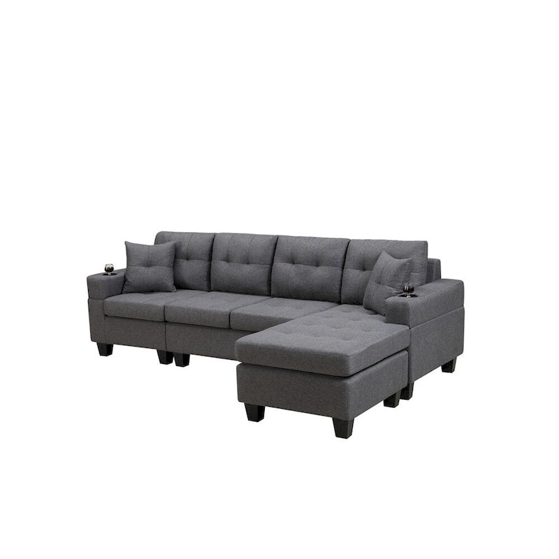 Canapé d'angle en L avec méridienne de rangement et porte-gobelet – Gris / Noir, Multi-places