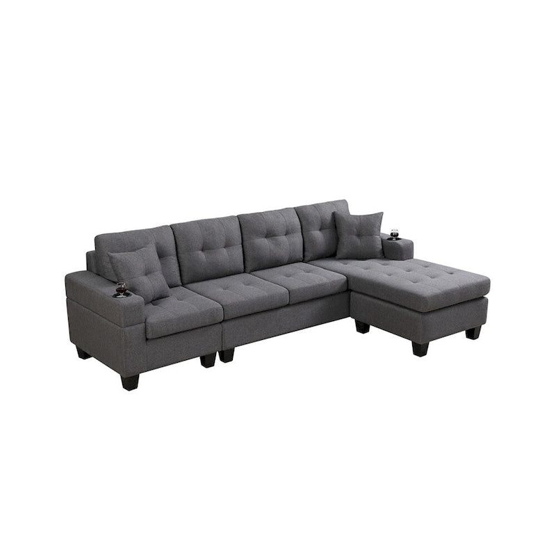 Canapé d'angle en L avec méridienne de rangement et porte-gobelet – Gris / Noir, Multi-places