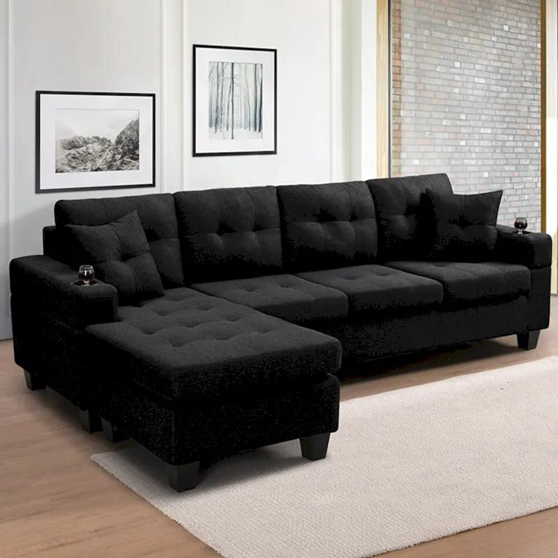 Canapé d'angle en L avec méridienne de rangement et porte-gobelet – Gris / Noir, Multi-places