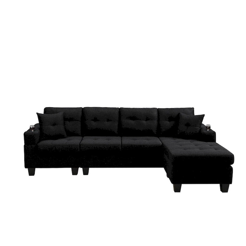 Canapé d'angle en L avec méridienne de rangement et porte-gobelet – Gris / Noir, Multi-places