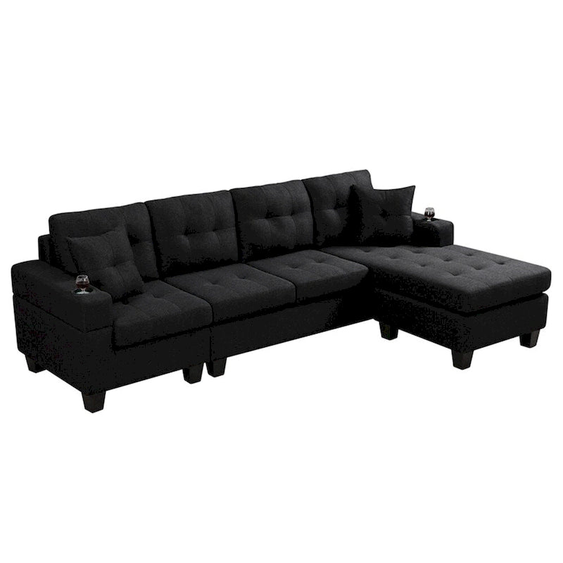 Canapé d'angle en L avec méridienne de rangement et porte-gobelet – Gris / Noir, Multi-places