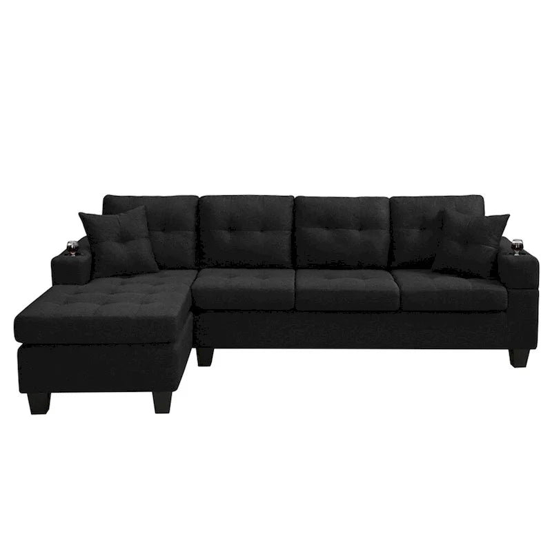 Canapé d'angle en L avec méridienne de rangement et porte-gobelet – Gris / Noir, Multi-places