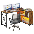 Bureau d'angle en L réversible marron/gris/blanc avec étagères, LED RGB et prises de courant, 1 personne