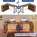 Bureau d'angle en L réversible marron/gris/blanc avec étagères, LED RGB et prises de courant, 1 personne